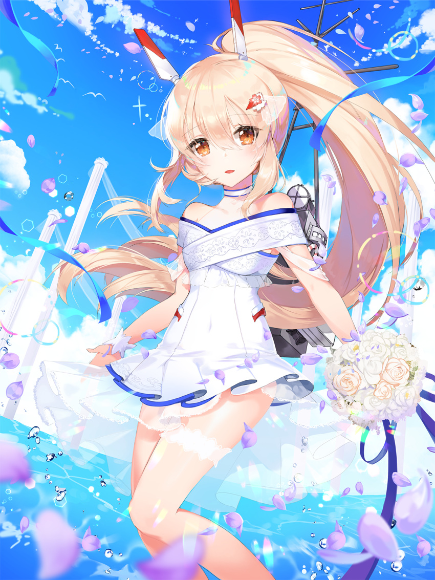 1girl apple_caramel ayanami_(azur_lane) azur_lane bangs bare_shoulders blonde_hair blue_ribbon blue_sky bouquet brown_eyes clouds covered_navel day dress eyebrows_visible_through_hair flower hair_between_eyes headgear high_ponytail highres holding holding_bouquet horizon long_hair machinery md5_mismatch ocean outdoors parted_lips petals pillar pleated_dress ponytail ribbon rose see-through short_dress sky smile solo standing very_long_hair water white_dress white_flower white_rose