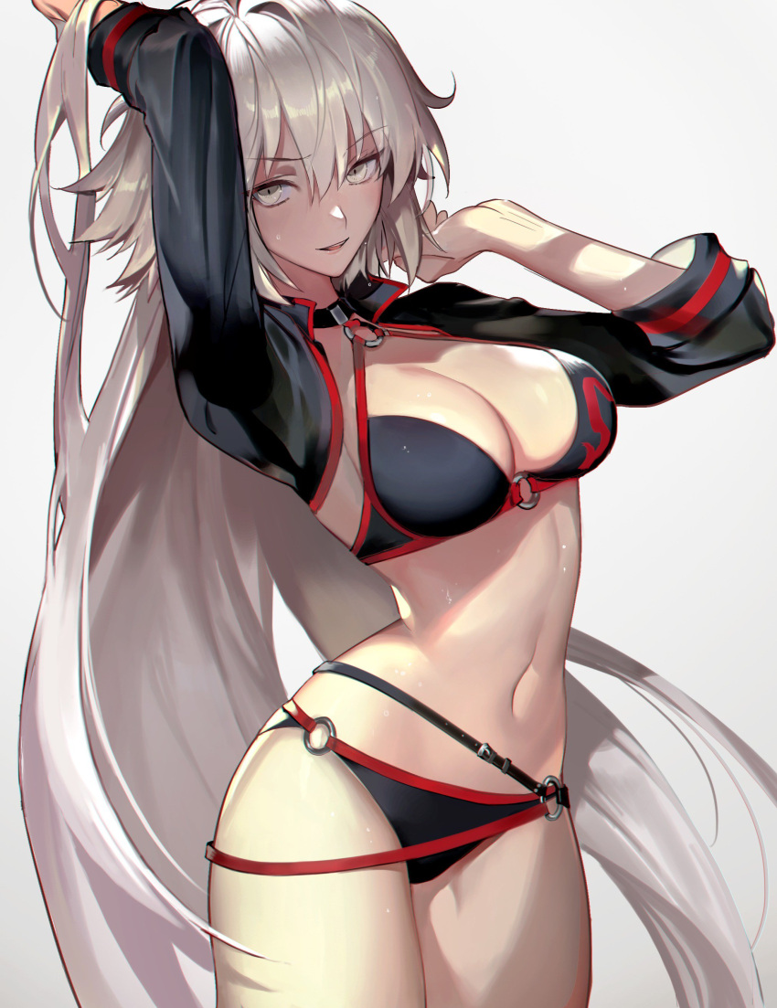 1girl absurdres arms_up bikini black_bikini black_jacket breasts cleavage cropped_jacket fate/grand_order fate_(series) grey_hair highres jacket jeanne_d'arc_(alter_swimsuit_berserker) long_hair looking_at_viewer o-ring o-ring_bikini o-ring_bottom o-ring_top open_mouth shycocoa solo swimsuit very_long_hair white_background yellow_eyes