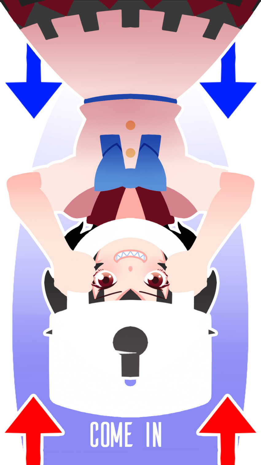 &gt;:) 1girl arms_up black_hair blue_bow blue_sash blush bow commentary cowboy_shot directional_arrow dress english english_commentary grin highres holding horns kijin_seija lock outline phone_wallpaper red_eyes red_sailor_collar sailor_collar sash sharp_teeth short_hair short_sleeves smile solo teeth touhou upside-down white_background white_dress white_outline yoruny