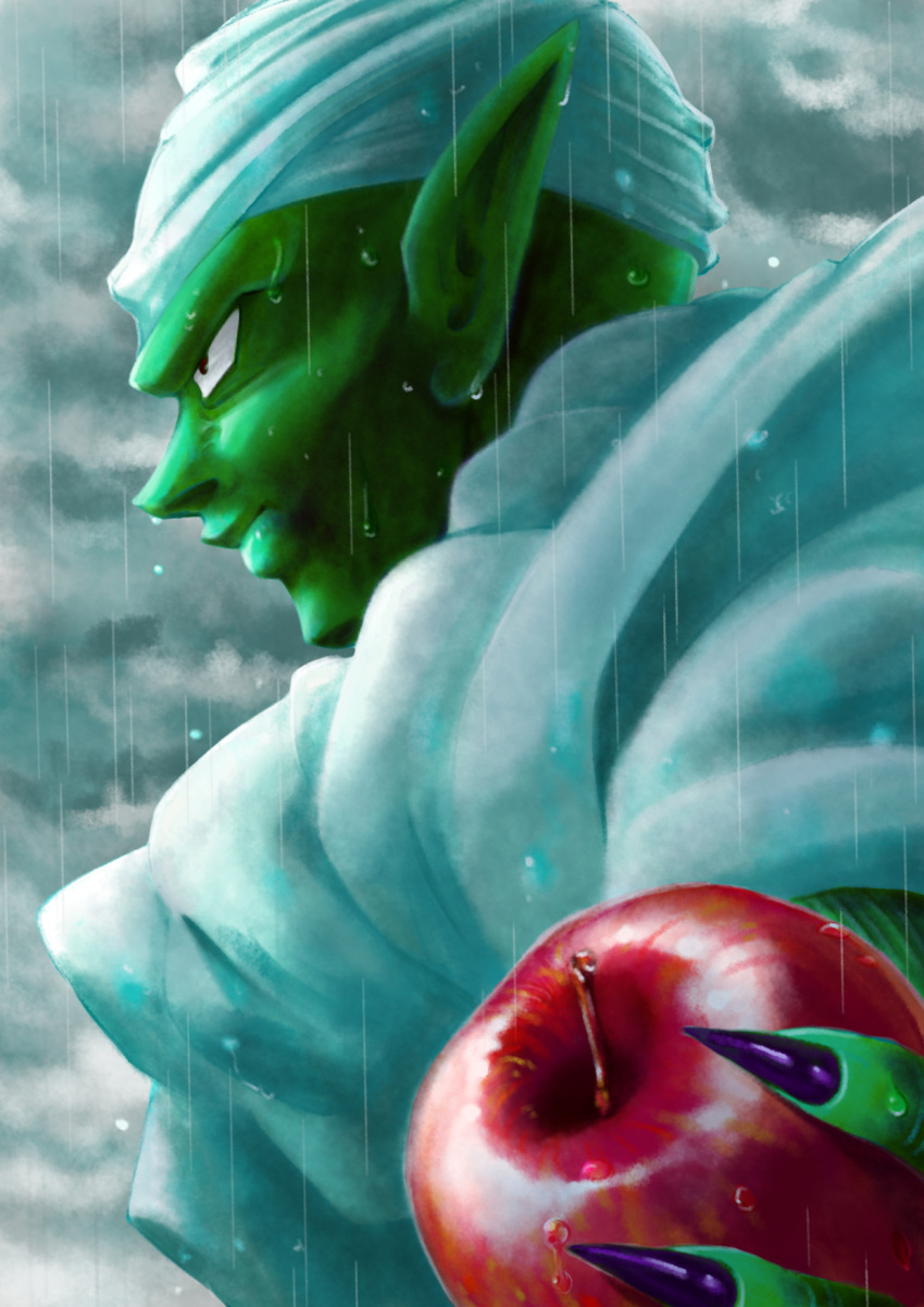 1boy apple black_eyes cape close-up clouds cloudy_sky dragon_ball dragonball_z expressionless fingernails food fruit highres long_fingernails looking_away male_focus outdoors piccolo pointy_ears profile rain serious sky tetsuyo turban upper_body wet wet_clothes