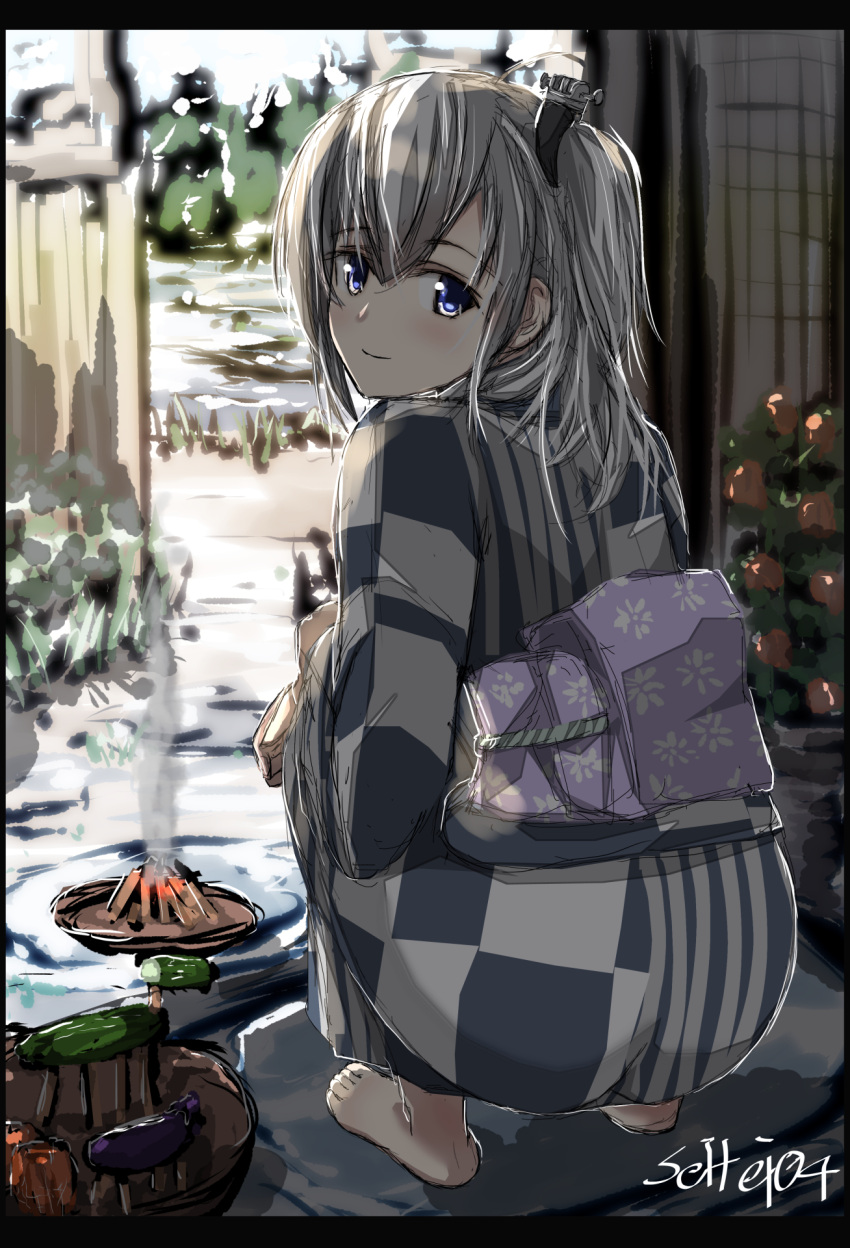 1girl barefoot blue_eyes bonfire closed_mouth eyebrows_visible_through_hair flower food hair_between_eyes highres japanese_clothes kantai_collection kimono long_hair looking_at_viewer outdoors seitei_(04seitei) shouryouuma sitting smile solo suzutsuki_(kantai_collection) vegetable white_hair yukata
