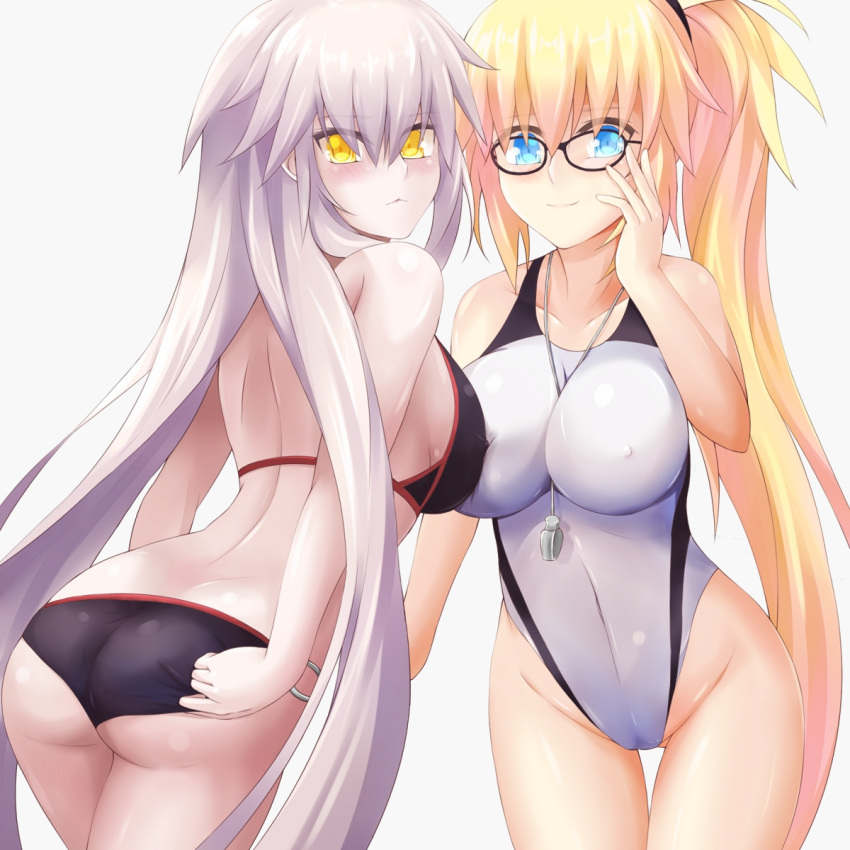 2girls ahsiu ass bespectacled between_breasts bikini black_bikini blonde_hair blue_eyes breasts competition_school_swimsuit fate/apocrypha fate/grand_order fate_(series) female_ass glasses gluteal_fold highres impossible_clothes impossible_swimsuit jeanne_d'arc_(alter)_(fate) jeanne_d'arc_(alter_swimsuit_berserker) jeanne_d'arc_(fate) jeanne_d'arc_(fate)_(all) long_hair looking_at_viewer looking_back multiple_girls side_ponytail silver_hair simple_background smile swimsuit thigh_gap whistle white_background white_swimsuit yellow_eyes