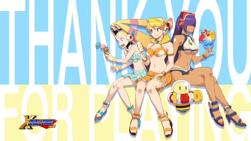 3girls alia_(rockman) android artist_request bikini blonde_hair blue_eyes bracelet breasts closed_mouth cup dark_skin food frilled_bikini_top front-tie_bikini front-tie_top full_body hair_over_eyes headgear headset highres hime_cut ice_cream ice_cream_cone jewelry knees_together_feet_apart large_breasts layer legs_crossed lips long_hair mole multiple_girls navel official_art open_mouth palette_(rockman) popsicle purple_hair robot_ears rockman rockman_x sandals sarong sitting smile swimsuit under_boob zero_(rockman)