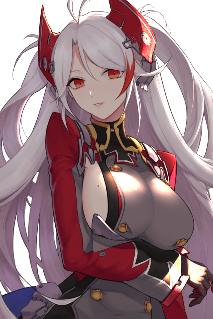 1girl azur_lane breasts hand_on_breast highres large_breasts long_hair looking_at_viewer open_mouth prinz_eugen_(azur_lane) qb_516 red_eyes silver_hair smile solo tagme white_background