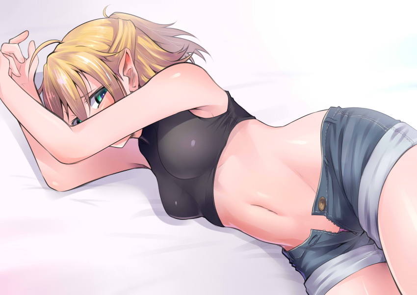 1girl absurdres ahoge alternate_costume armpits arms_up bare_shoulders blonde_hair breasts commentary_request crop_top denim denim_shorts green_eyes half_updo highres looking_at_viewer lying medium_breasts mizuhashi_parsee navel on_side onsen_mikan open_fly panties panty_peek pink_panties pointy_ears ponytail short_hair short_shorts shorts simple_background solo touhou unbuttoned underwear unzipping white_background