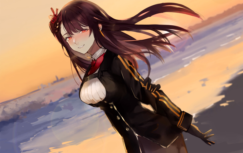 1girl azarea bangs beach black_legwear black_skirt blazer blush breasts eyebrows_visible_through_hair floating_hair framed_breasts girls_frontline gloves hair_ribbon half_updo highres jacket large_breasts long_hair looking_at_viewer necktie one_side_up open_mouth outdoors pantyhose parted_lips pelvic_curtain purple_hair red_eyes red_neckwear ribbon shirt sidelocks skirt smile solo striped striped_shirt sunset very_long_hair wa2000_(girls_frontline) walking