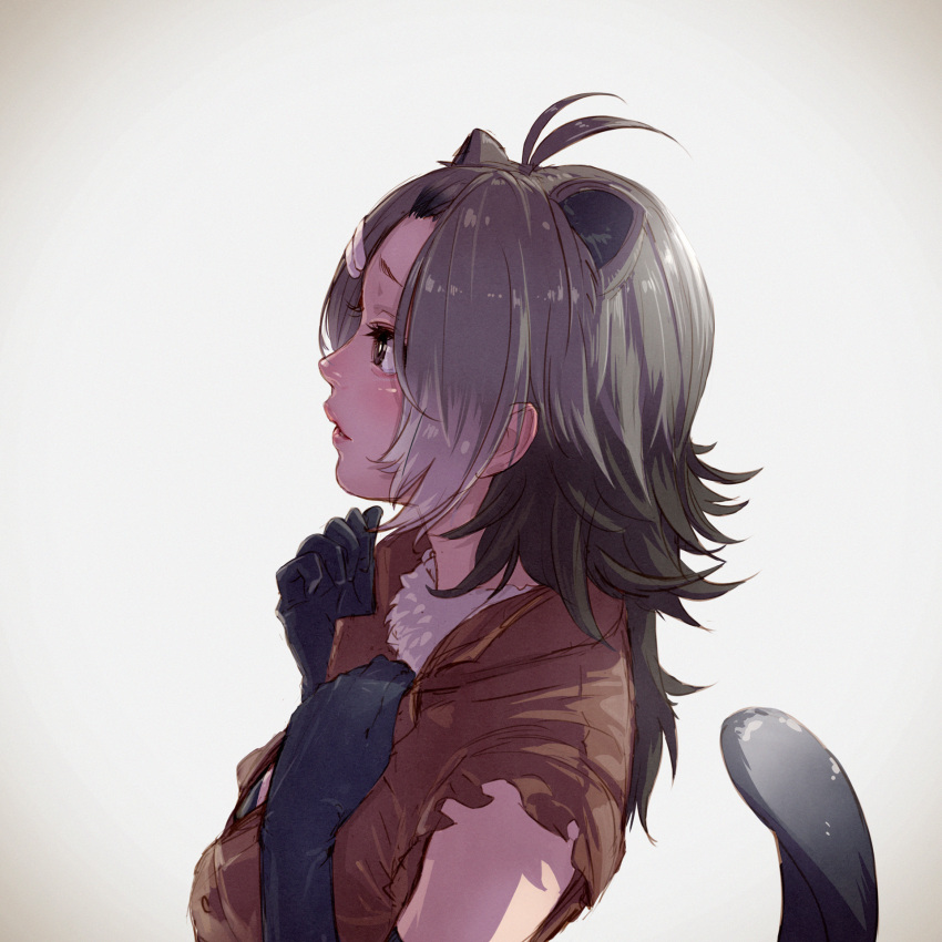 1girl american_beaver_(kemono_friends) animal_ears antenna_hair beaver_ears beaver_tail black_gloves black_hair bright_pupils brown_eyes elbow_gloves extra_ears from_side fur_collar gloves grey_hair hair_ornament hairclip highres kemono_friends long_hair multicolored_hair nose open_mouth profile silver_hair solo tail tail_raised takami_masahiro white_pupils