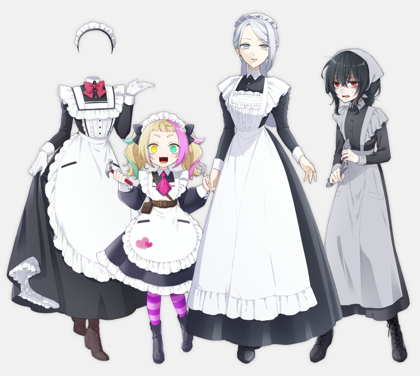 4girls apron bags_under_eyes belt black_hair blonde_hair fangs gloves goshi-san grey_background grey_eyes hammer head_scarf heterochromia highres invisible maid maid_apron maid_headdress multicolored_hair multiple_girls original red_eyes silver_hair striped striped_legwear wrench