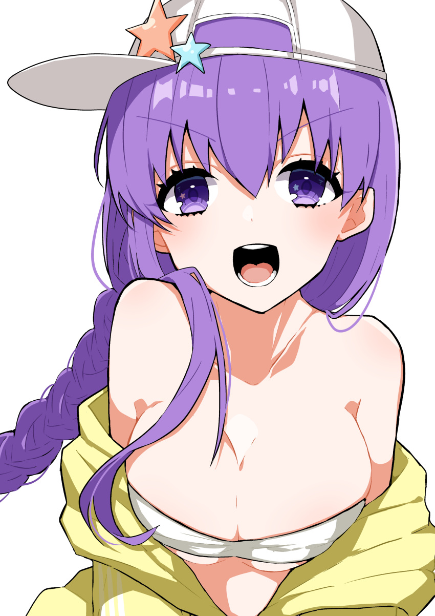 1girl absurdres bangs bare_shoulders baseball_cap bb_(fate/extra_ccc) bikini bikini_top blush braid breasts brown_hair cleavage collarbone fate/grand_order fate_(series) hairband hat highres large_breasts long_hair off_shoulder open_clothes open_mouth purple_hair shiny shiny_hair sideways_hat simple_background single_braid solo star star_in_eye strapless strapless_bikini swimsuit symbol_in_eye takae_(poupee_en_biscuit) triple_vertical_stripe under_boob v-shaped_eyebrows violet_eyes white_background white_bikini white_hat