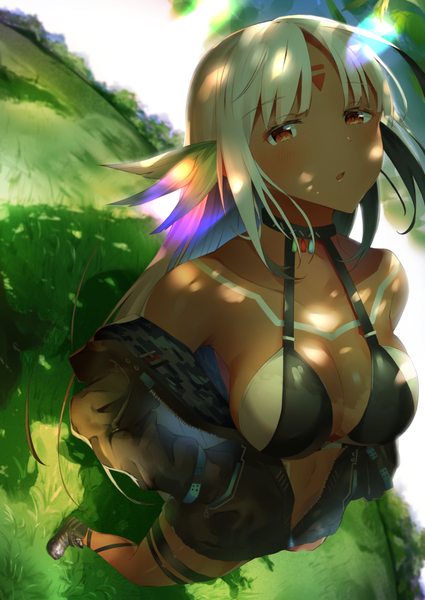 1girl azur_lane bangs bare_shoulders bikini_top black_footwear black_jacket blush body_markings boots breasts choker cleavage dark_skin day eyebrows_visible_through_hair feathers hair_feathers hands_in_pockets highres jacket large_breasts long_hair long_sleeves looking_at_viewer massachusetts_(azur_lane) multicolored_hair native_american navel open_clothes open_mouth outdoors partially_unzipped shade sidelocks silver_hair skindentation solo swimsuit swimsuit_under_clothes tan thigh_strap tsukimineko
