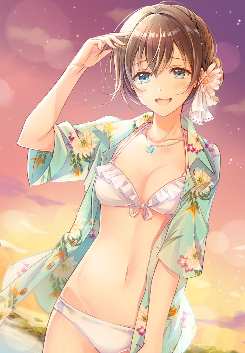 1girl :d aqua_shirt bangs bikini black_hair blue_eyes braid breasts collarbone commentary_request floral_print flower french_braid front-tie_bikini front-tie_top hair_flower hair_ornament hair_ribbon hand_up hawaiian_shirt highres jewelry looking_at_viewer mono_lith navel open_clothes open_mouth open_shirt original pendant print_shirt ribbon round_teeth shirt short_sleeves small_breasts smile solo sunset swimsuit teeth upper_teeth white_bikini white_flower white_ribbon