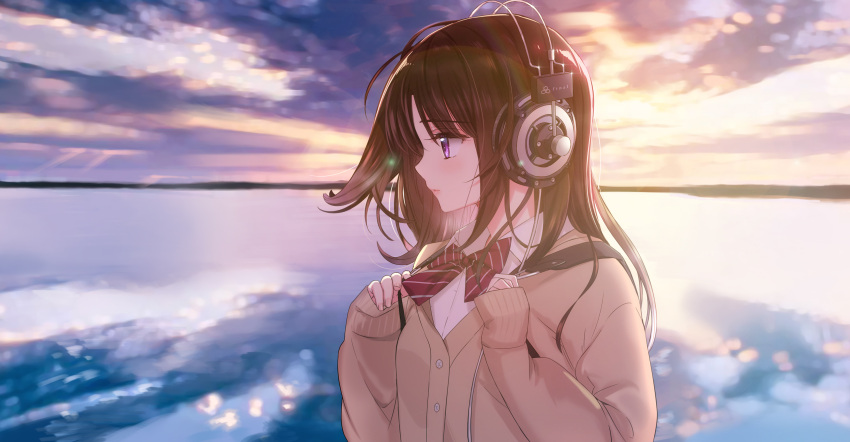 1girl backpack bag bangs bow brown_cardigan brown_hair cardigan closed_mouth clouds cloudy_sky collared_shirt commentary_request diagonal_stripes eyebrows_visible_through_hair fingernails hands_up headphones highres lake long_hair long_sleeves original outdoors profile red_bow shirt sky sleeves_past_wrists solo striped tsukigami_runa violet_eyes white_shirt