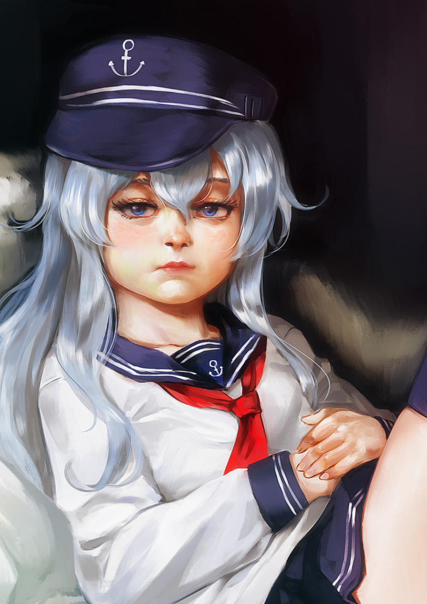 1girl blue_eyes closed_mouth commentary commission flat_cap hair_between_eyes hat hibiki_(kantai_collection) highres jcm2 kantai_collection long_hair looking_at_viewer neckerchief nose portrait realistic sailor_collar school_uniform serafuku silver_hair solo