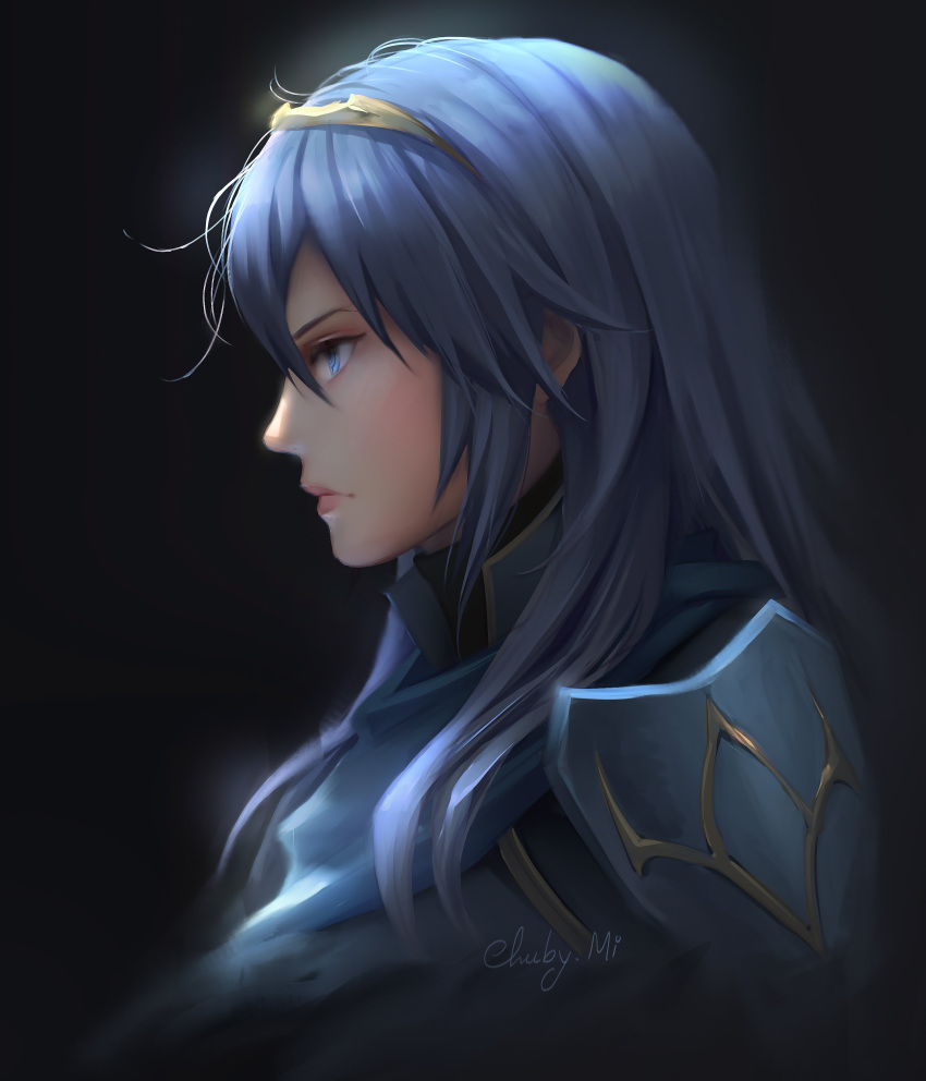 1girl absurdres artist_name blue_cape blue_eyes blue_hair blue_shirt cape chuby_mi closed_mouth fire_emblem fire_emblem:_kakusei fire_emblem_heroes hair_between_eyes high_collar highres long_hair lucina pink_lips profile shirt shoulder_armor tiara