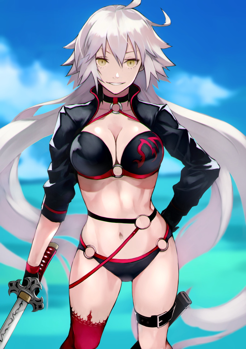 1girl absurdres belt bikini black_bikini black_jacket breasts choker fate/grand_order fate_(series) highres jacket jeanne_d'arc_(alter_swimsuit_berserker) jeanne_d'arc_(fate)_(all) katana large_breasts long_hair looking_at_viewer o-ring single_thighhigh swimsuit sword thigh-highs thigh_strap weapon yellow_eyes yoshi55level