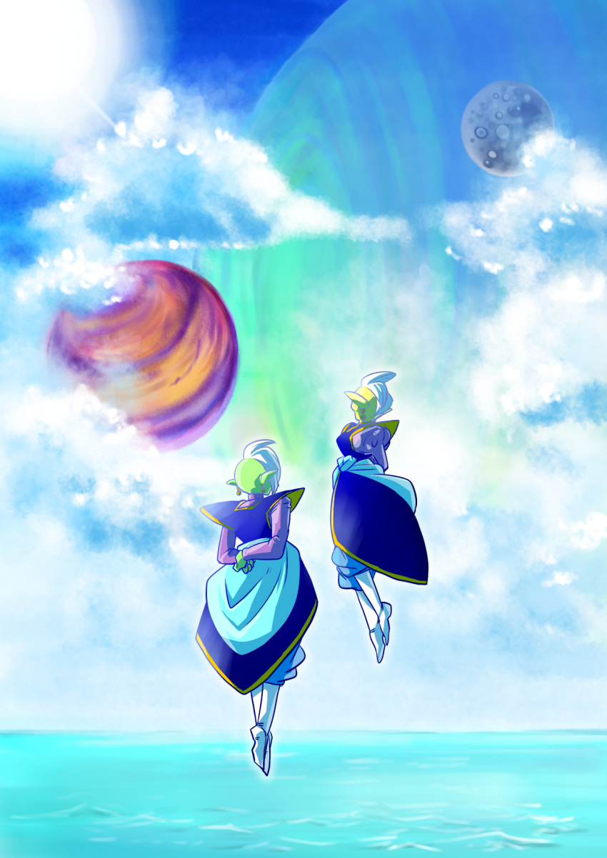 2boys arms_behind_back boots clouds cloudy_sky day dragon_ball dragon_ball_super earrings facing_away floating gowasu highres jewelry long_sleeves male_focus mohawk multiple_boys outdoors planet pointy_ears potara_earrings short_hair sky tetsuyo white_hair zamasu