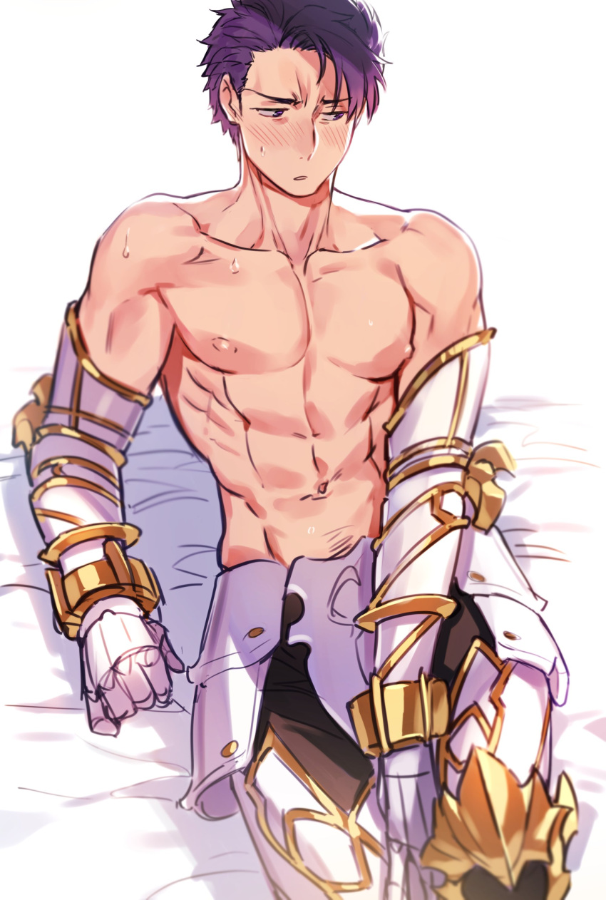 1boy abs absurdres arm_support armored_boots blush boots collarbone fate/grand_order fate_(series) gauntlets grand_dobu highres lancelot_(fate/grand_order) looking_away lying male_focus navel nipples on_bed purple_hair simple_background solo sweat toned toned_male white_background