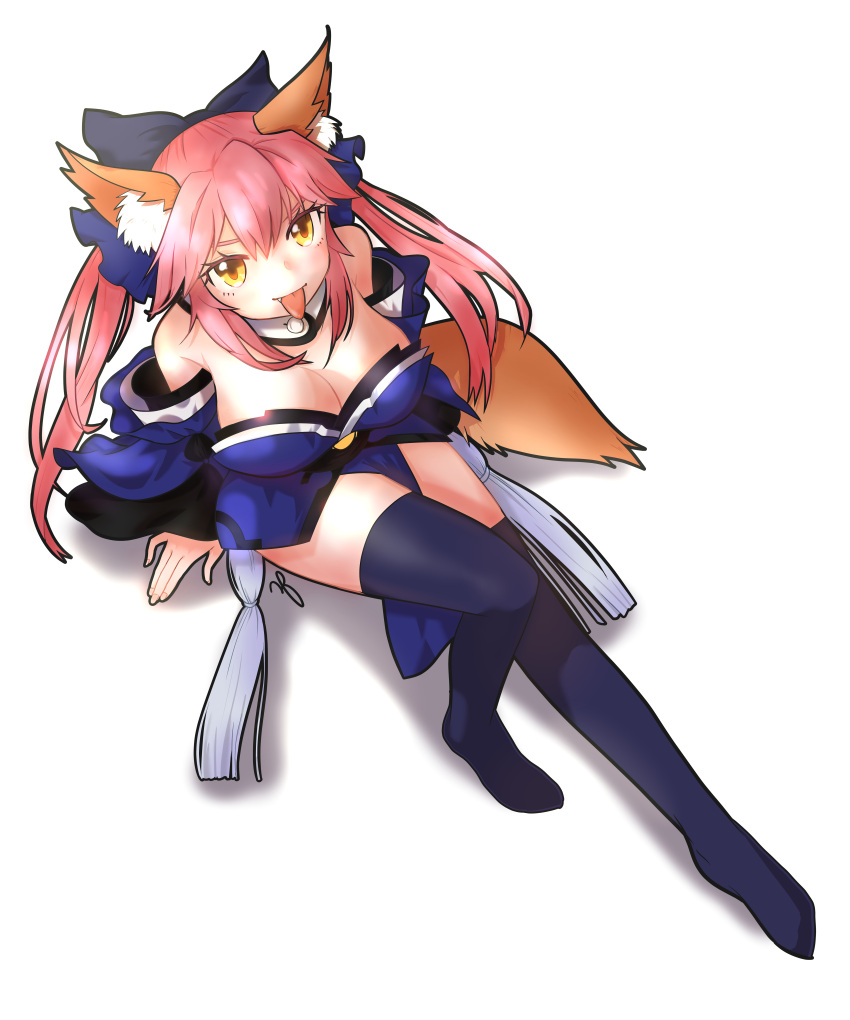 1girl absurdres animal_ear_fluff animal_ears blue_legwear blue_ribbon breasts cleavage detached_sleeves fang fate/grand_order fate_(series) fox_ears fox_tail hair_ribbon highres japanese_clothes large_breasts looking_at_viewer looking_up pink_hair ribbon simple_background sitting solo tail tamamo_(fate)_(all) tamamo_no_mae_(fate) tongue tongue_out white_background yellow_eyes