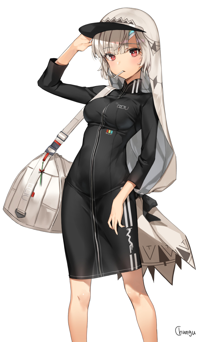 1girl absurdres altera_(fate) alternate_costume arm_up bag bangs black_dress blunt_bangs breasts chungu dark_skin dress duffel_bag eyebrows_visible_through_hair fate/grand_order fate_(series) feet_out_of_frame grey_hair hand_on_headwear high_collar highres long_sleeves looking_at_viewer medium_breasts mouth_hold red_eyes short_hair shoulder_bag signature simple_background solo standing veil visor_cap white_background