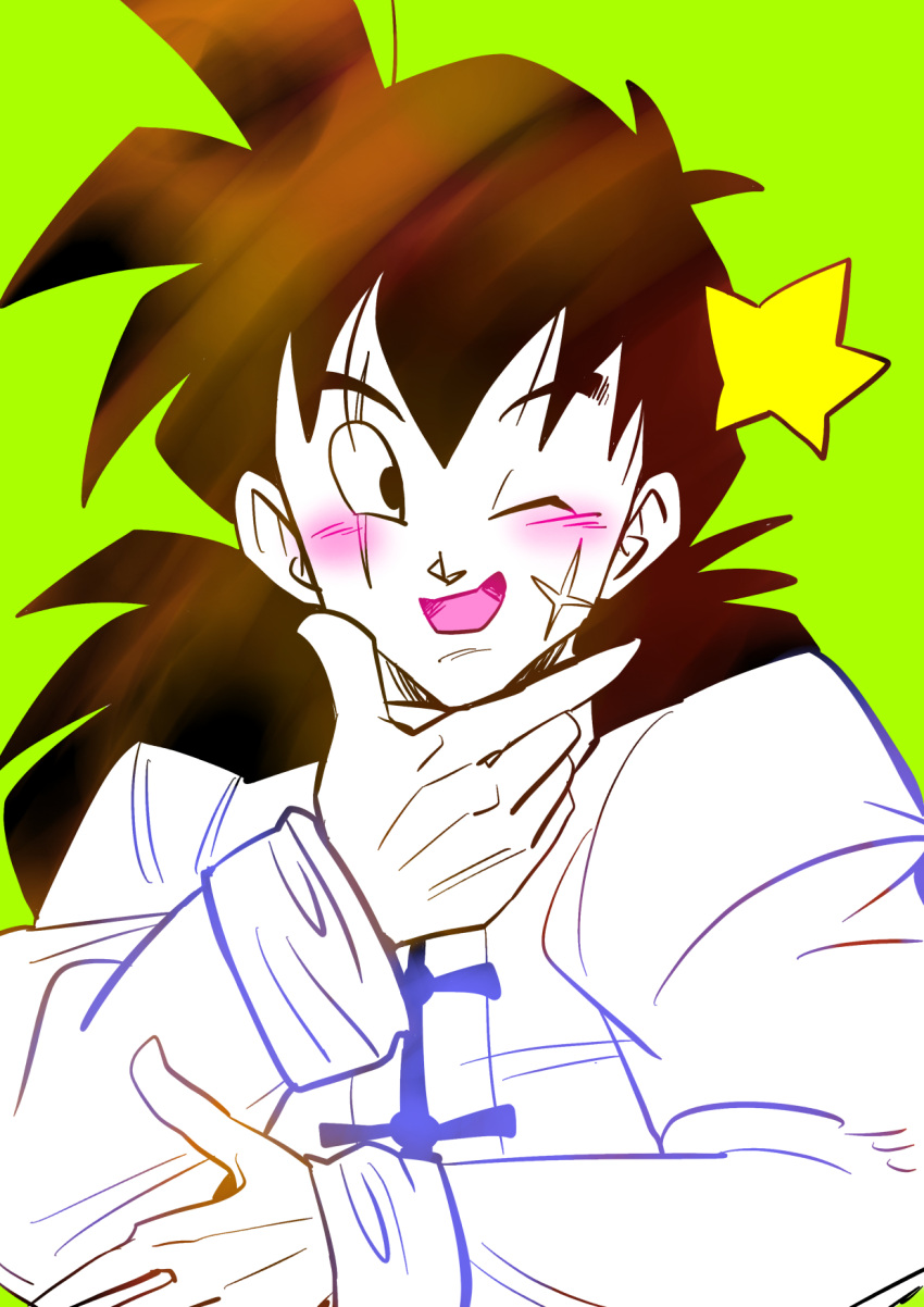 1boy ;d black_eyes black_hair blush chinese_clothes close-up dragon_ball dragonball_z gradient green green_background hand_on_own_chin happy highres long_hair long_sleeves looking_away male_focus one_eye_closed open_mouth scar shirt simple_background smile star tetsuyo upper_body white_shirt yamcha yellow