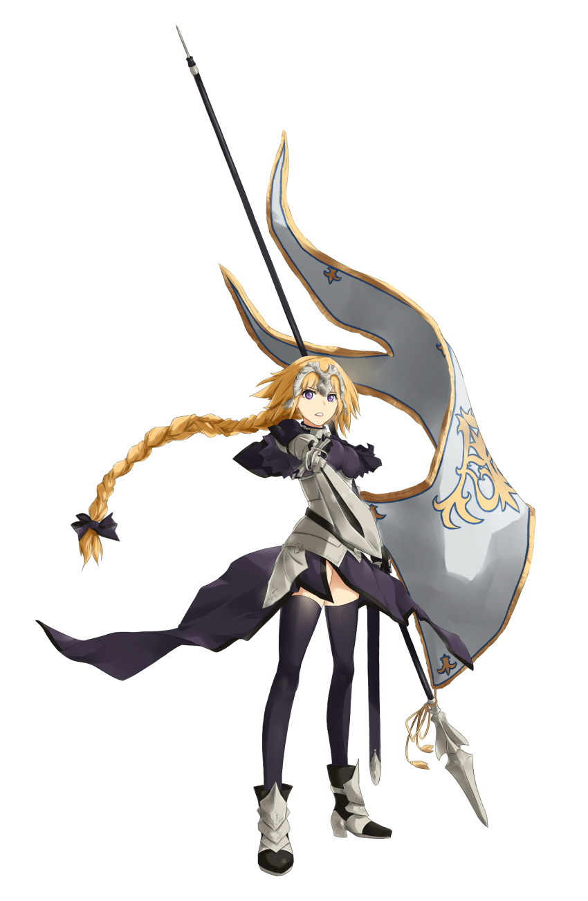 1girl armor armored_dress banner black_dress black_legwear blonde_hair braid dress fate/apocrypha fate_(series) floating_hair full_body highres holding holding_sword holding_weapon jeanne_d'arc_(fate) jeanne_d'arc_(fate)_(all) long_hair outstretched_arm parted_lips saruno_(eyesonly712) simple_background single_braid solo sword thigh-highs very_long_hair violet_eyes weapon white_background