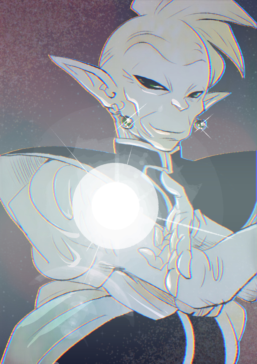 1boy black_background black_eyes chromatic_aberration closed_eyes dragon_ball dragon_ball_super earrings energy_ball gowasu gradient gradient_background greyscale half-closed_eyes highres jewelry looking_at_viewer male_focus mohawk monochrome pointy_ears potara_earrings smile tetsuyo upper_body