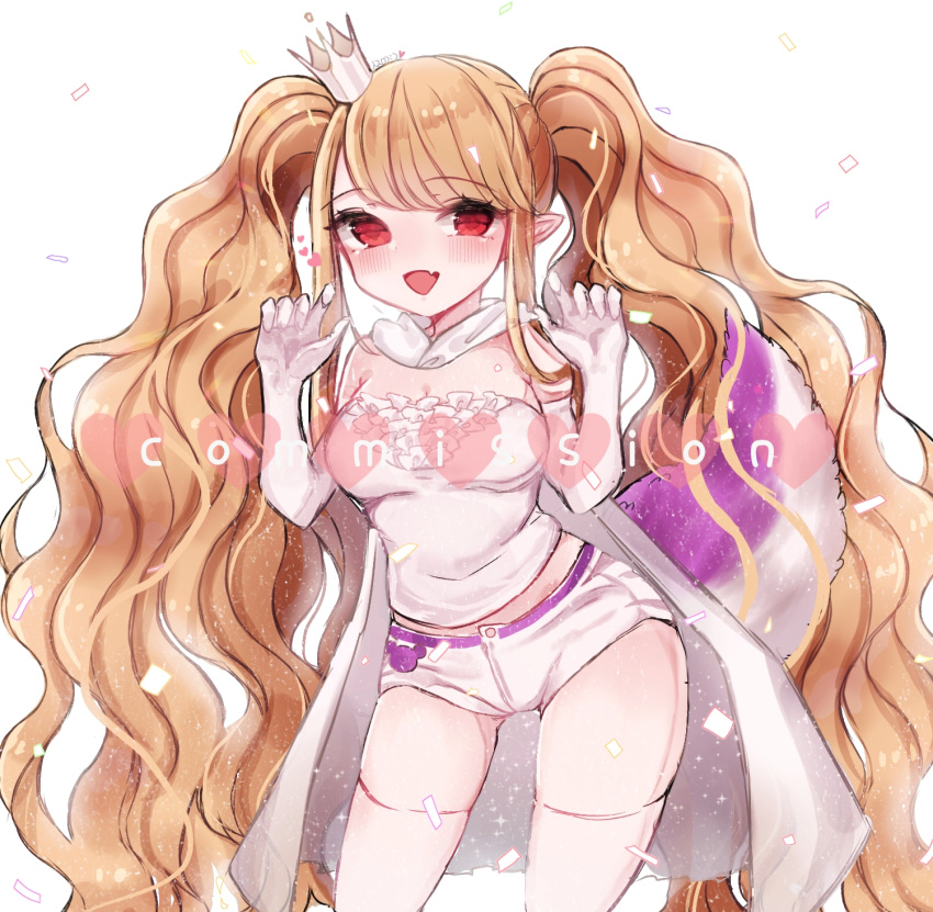 1girl blush commission confetti crown dungeon_and_fighter english fang frilled_shirt frills gloves hands_up heart highres long_hair looking_at_viewer open_mouth pointy_ears red_eyes shirt shorts standing thigh-highs twintails very_long_hair watermark white_gloves white_legwear white_shirt white_shorts yomi_yojo
