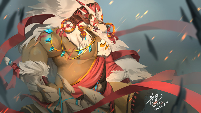 1boy absurdres bear brown_eyes club dagger_(sdorica_-sunset-) dated furry headdress helmet highres holding holding_weapon jewelry male_focus necklace open_mouth outdoors red_ribbon ribbon scar sdorica_-sunset- signature solo standing watermark weapon