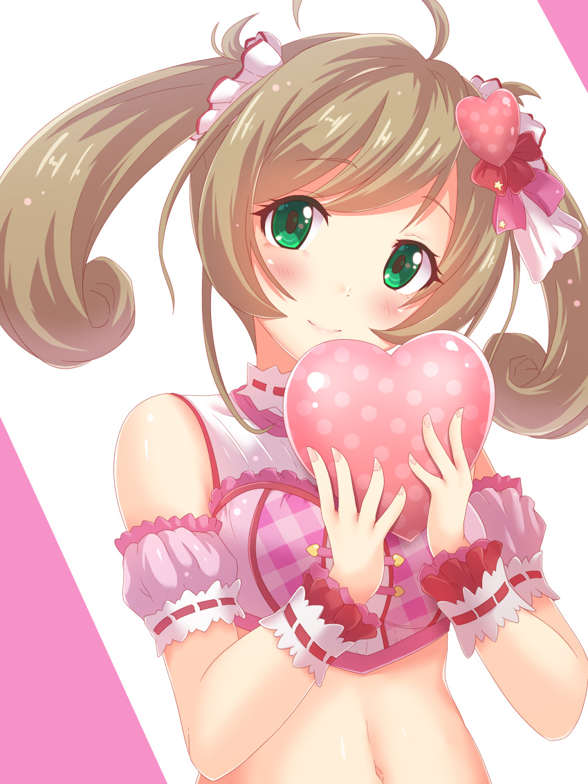 1girl absurdres arm_strap bangs blush breasts brown_hair crop_top eyebrows_visible_through_hair floating_hair green_eyes hair_ornament hair_ribbon head_tilt heart heart_hair_ornament highres idolmaster idolmaster_cinderella_girls idolmaster_cinderella_girls_starlight_stage long_hair looking_at_viewer midriff navel pink_ribbon red_ribbon ribbon satou_shin small_breasts smile solo stomach swept_bangs twinameless twintails upper_body white_background wrist_cuffs