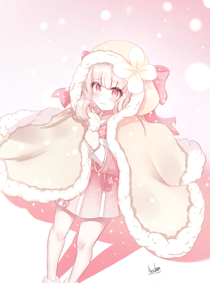 1girl absurdres alswp5806 bangs blush bow brown_cloak character_request cloak closed_mouth eyebrows_visible_through_hair fur-trimmed_cloak fur-trimmed_hood fur_trim gloves gourmet_kizuna hair_between_eyes highres hood hood_up light_brown_hair long_hair long_sleeves looking_at_viewer pink_bow pink_skirt pleated_skirt red_eyes signature skirt solo standing wavy_mouth white_gloves