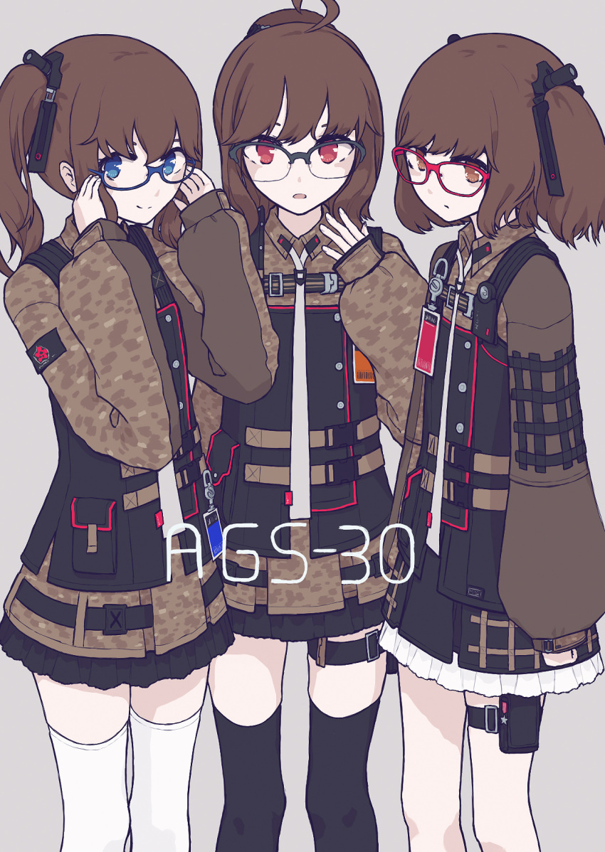 3girls adjusting_eyewear ags-30_(girls_frontline) ahoge belt black_legwear blue_eyes brown_eyes brown_hair character_name girls_frontline glasses hair_ornament highres looking_at_viewer military military_operator military_uniform multiple_girls open_mouth papaia_(quentingqoo) ponytail pouch red_eyes side_ponytail simple_background thigh-highs twintails uniform white_legwear