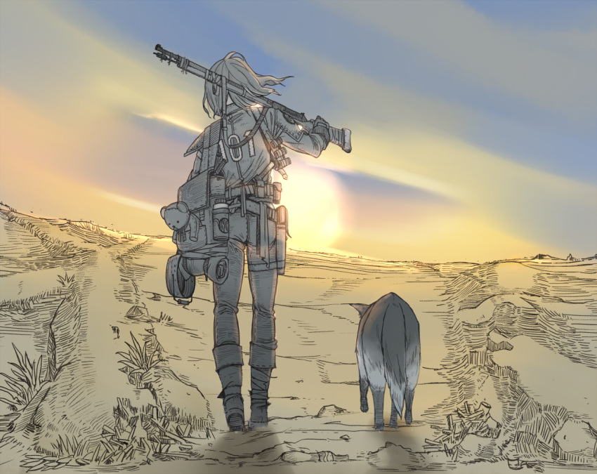 1girl backpack bag commentary dog dogmeat fallout_3 gun holding holding_gun holding_weapon jumpsuit limited_palette outdoors over_shoulder rifle sky stuffed_animal stuffed_toy sunset teddy_bear vault_dweller walking weapon yana_yana