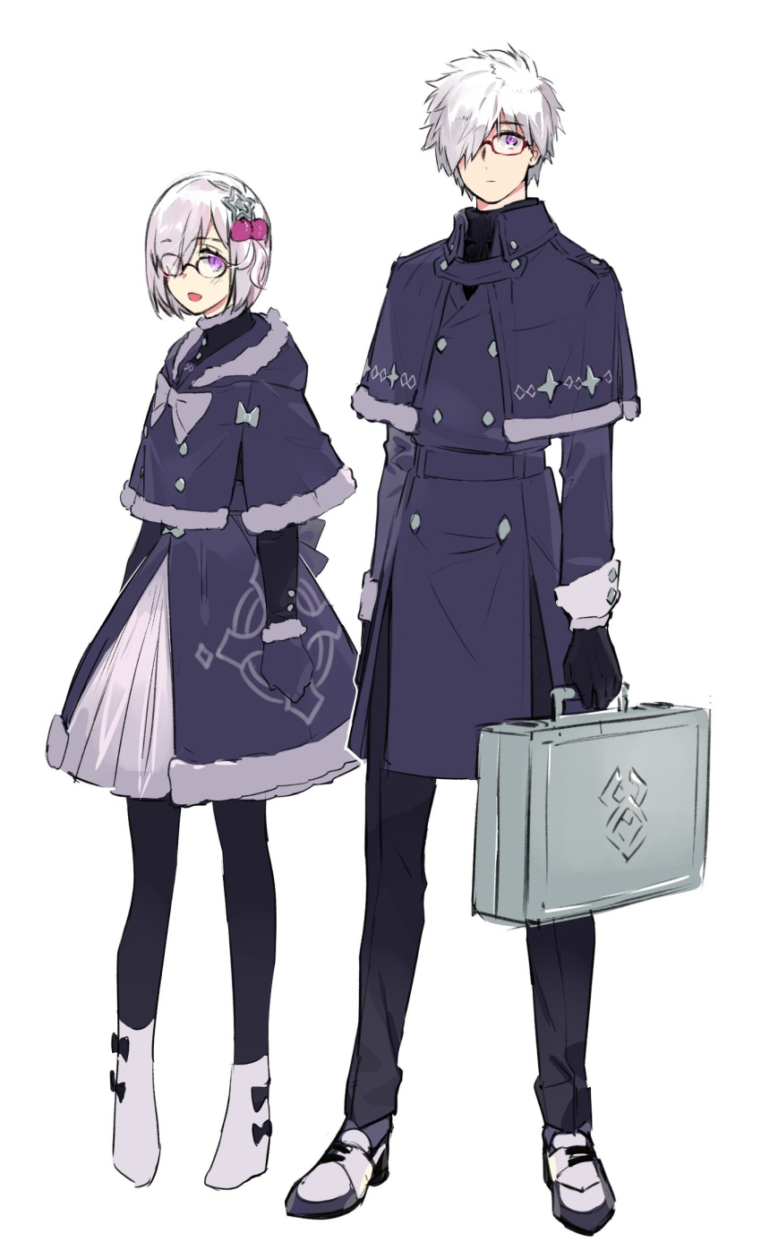 1boy 1girl black_gloves black_legwear bob_cut briefcase capelet coat dress fate/grand_order fate_(series) full_body fur_trim galahad_(fate) glasses gloves grand_dobu hair_ornament highres lavender_hair mash_kyrielight matching_outfit pantyhose red-framed_eyewear short_hair silver_hair simple_background violet_eyes white_background white_footwear winter_clothes