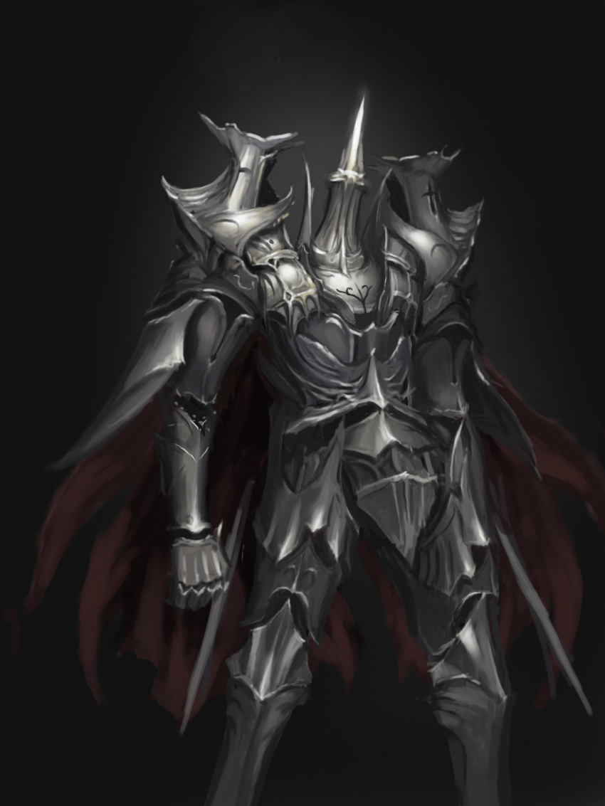 1other armor black_background cape clenched_hand gauntlets greaves highres no_humans original red_cape rinmmo shoulder_armor simple_background solo standing sword weapon