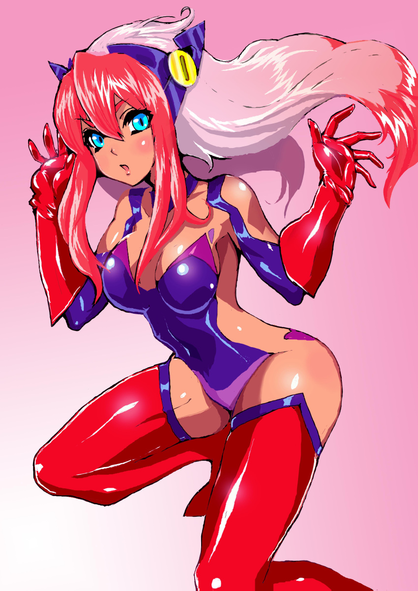 1girl :o absurdres birdy_cephon_altirra blue_eyes blue_leotard blush boots breasts cleavage dakusuta elbow_gloves gloves gradient_hair highres impossible_clothes large_breasts leotard long_hair looking_to_the_side multicolored_hair pink_hair red_footwear redhead solo tetsuwan_birdy thigh-highs thigh_boots two-tone_hair