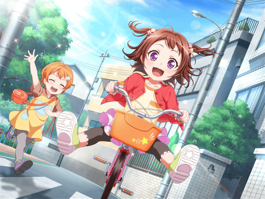 2girls bang_dream! bicycle blush brown_hair child closed_eyes day dress kitazawa_hagumi lamppost official_art open_mouth short_hair smile sparkle street sunlight tagme toyama_kasumi tree violet_eyes younger