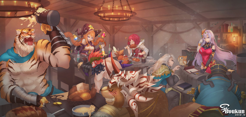 3boys 3girls abs absurdres bird black_gloves blue_eyes bottle bread breasts brown_hair chair claws clenched_hand covered_navel cup dagger_(sdorica_-sunset-) dated drinking eating elbow_gloves food fork gloves hand_up hat helmet highres holding holding_fork horned_helmet indoors jewelry karen_(sdorica_-sunset-) lantern large_breasts lavender_hair long_hair meat medium_breasts mug multiple_boys multiple_girls necklace open_mouth owl pang_(sdorica_-sunset-) potion redhead roger_(sdorica_-sunset-) sdorica_-sunset- sharice_(sdorica_-sunset-) shirley_(sdorica_-sunset-) shirtless short_hair silver_hair spill standing table twintails watermark wine_bottle witch_hat