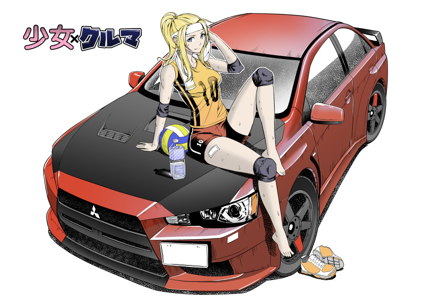 1girl absurdres bandaid blonde_hair blue_eyes bottle car elbow_pads goodotaku ground_vehicle highres knee_pads long_hair mitsubishi_electric mitsubishi_lancer_evolution motor_vehicle orange_footwear ponytail red_shorts shoes shoes_removed shorts sidelocks sitting sneakers solo sportswear sweat towel volleyball volleyball_uniform water_bottle white_headband