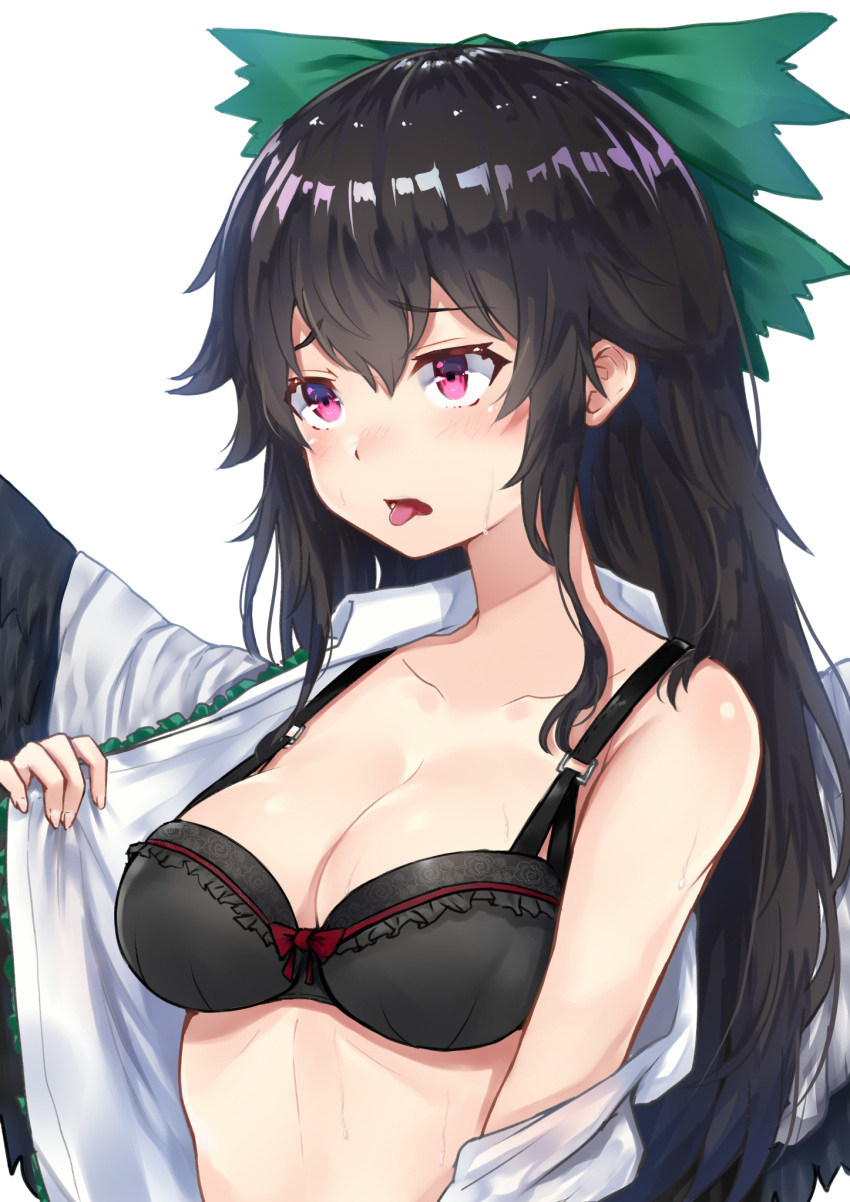1girl bangs bare_shoulders black_bra black_hair black_wings blush bow bow_bra bra breasts cape cleavage collarbone commentary_request eyebrows_visible_through_hair feathered_wings floral_print frilled_bra frills green_bow hair_between_eyes hair_bow hand_up highres long_hair long_sleeves medium_breasts off_shoulder open_clothes open_mouth open_shirt pink_eyes red_bow reiuji_utsuho shirt sidelocks simple_background solo stomach sweat tongue tongue_out touhou underwear upper_body white_background white_cape white_shirt wing_collar wings wowoguni