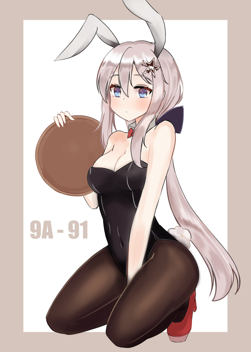 1girl 9a-91_(girls_frontline) absurdres animal_ears black_leotard bow bowtie breasts brown_legwear bunny_girl bunny_tail bunnysuit character_name cleavage detached_collar finesoda girls_frontline high_heels highres leotard medium_breasts pantyhose rabbit_ears red_footwear red_neckwear solo squatting strapless strapless_leotard tail tray wrist_cuffs