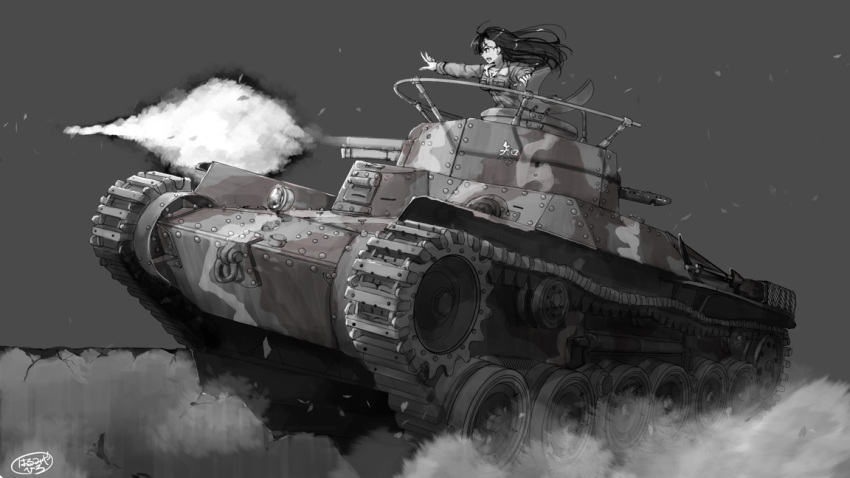 1girl arm_support artist_name asymmetrical_bangs bad_id bad_twitter_id bangs chi-hatan_(emblem) chi-hatan_military_uniform commentary_request driving emblem firing girls_und_panzer greyscale ground_vehicle harumiya_hiro long_hair long_sleeves looking_to_the_side military military_uniform military_vehicle monochrome motor_vehicle nishi_kinuyo reaching_out signature solo tank tank_focus type_97_chi-ha uniform wind