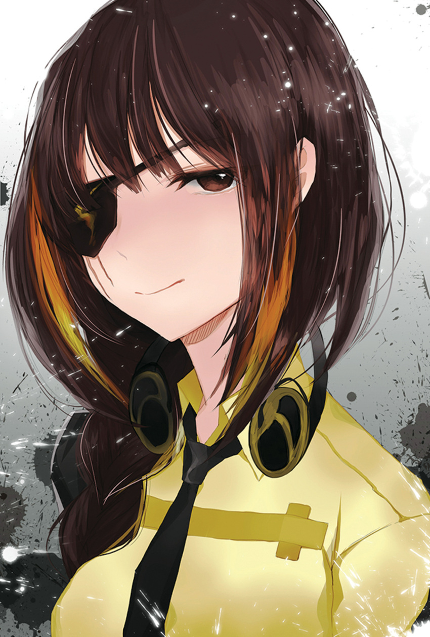 1girl bangs black_hair black_neckwear blonde_hair blush braid collared_shirt eyepatch girls_frontline half-closed_eye headphones headphones_around_neck highres jacket long_hair looking_at_viewer m16a1_(girls_frontline) mole mole_under_eye multicolored_hair necktie off_shoulder paint_splatter scar scar_across_eye shirt sidelocks smile solo streaked_hair upper_body yellow_shirt