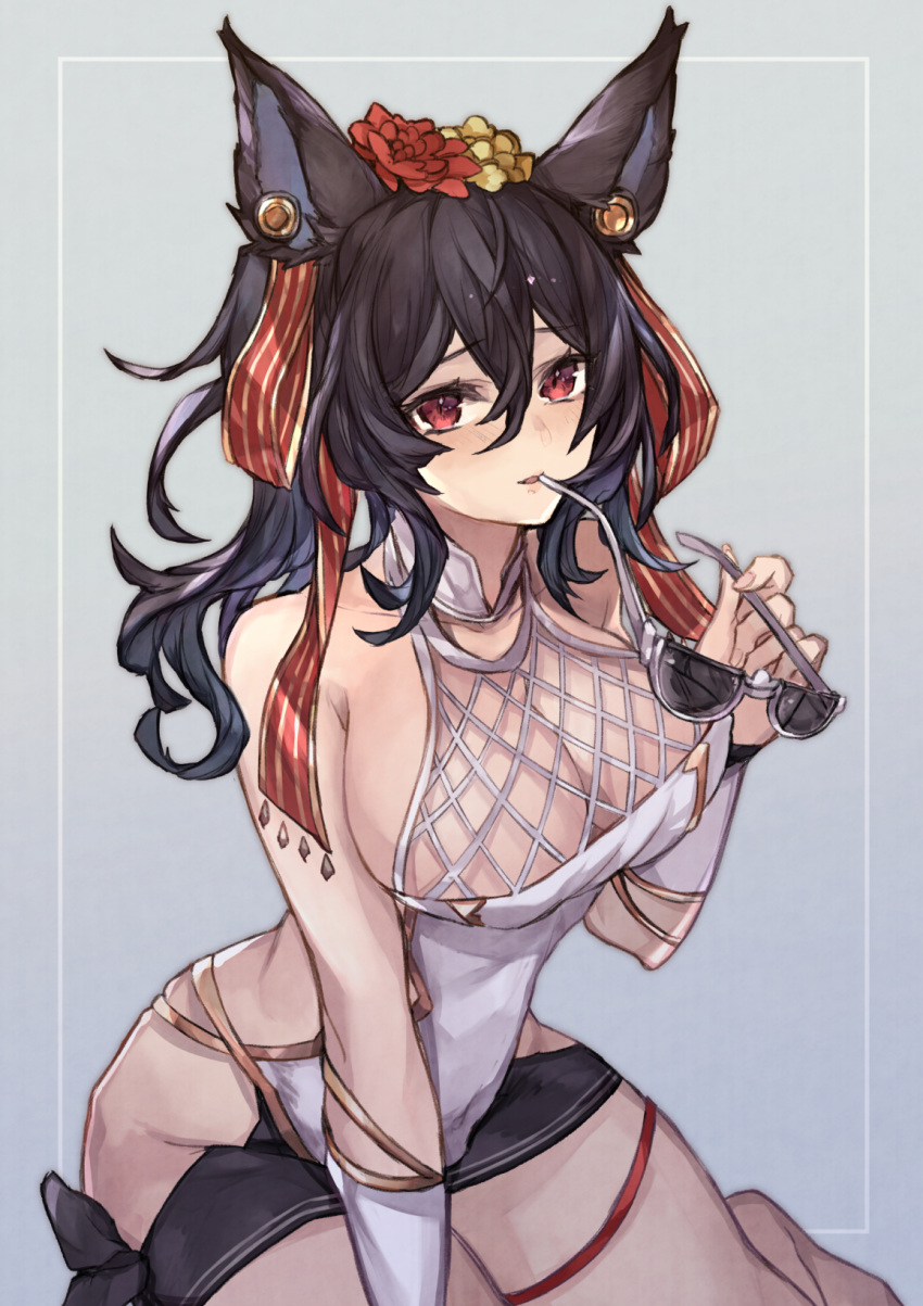 1girl bare_shoulders black_hair breasts cleavage erune fishnet_top flower granblue_fantasy hair_flower hair_ornament highres ilsa large_breasts long_hair red_eyes sitting solo sunglasses swimsuit white_swimsuit yok01