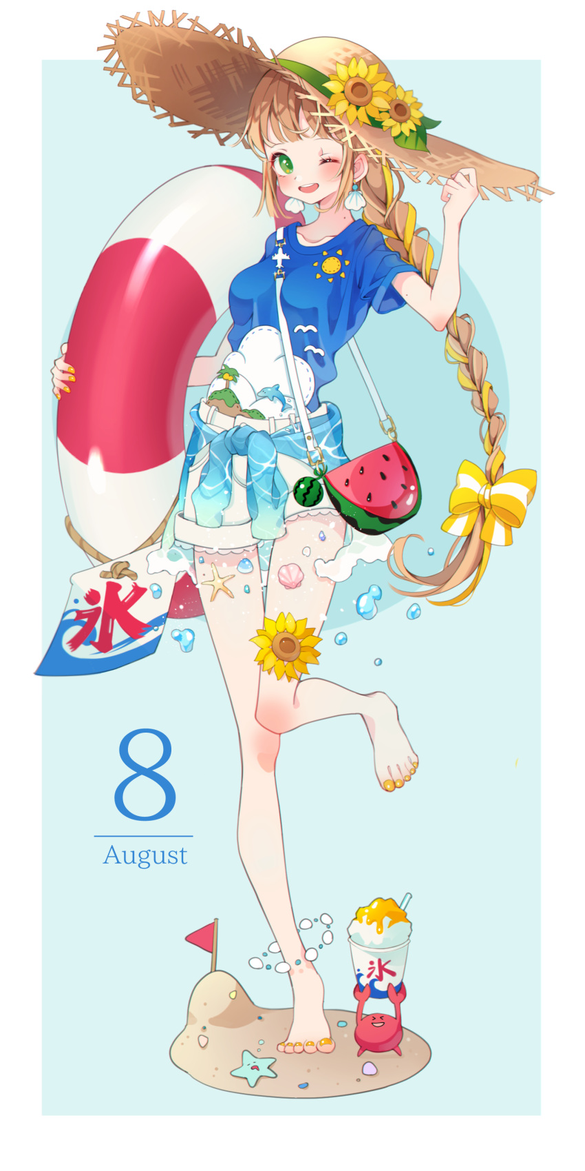 &gt;_&lt; 1girl :d ;d absurdres august bangs belt blue_background blue_shirt bow brown_hair calendar_(medium) clothes_around_waist collarbone commentary_request crab earrings flower food food_themed_bag fruit full_body green_eyes hair_bow hair_ribbon hat hat_flower highres holding jacket_around_waist jewelry kooribata lifebuoy long_braid mole mole_on_neck nail_polish one_eye_closed open_mouth original pennant print_shirt ribbon round_teeth seashell_earrings shaved_ice shiraho_(color-56) shirt short_sleeves shorts sidelocks smile solo standing standing_on_one_leg starfish straw_hat striped striped_bow summer sunflower teeth toenail_polish upper_teeth watermelon xd yellow_bow yellow_nails yellow_ribbon