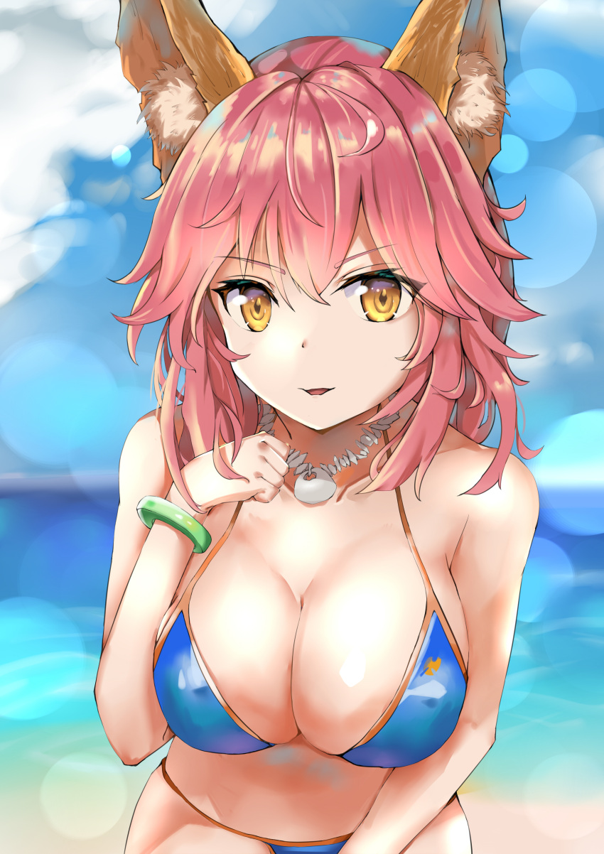 1girl absurdres animal_ear_fluff animal_ears bikini blue_bikini breasts cleavage collarbone day fate/grand_order fate_(series) fox_ears highres large_breasts looking_at_viewer ocean open_mouth outdoors pink_hair side-tie_bikini solo swimsuit tail tamamo_(fate)_(all) tamamo_no_mae_(swimsuit_lancer)_(fate) yellow_eyes