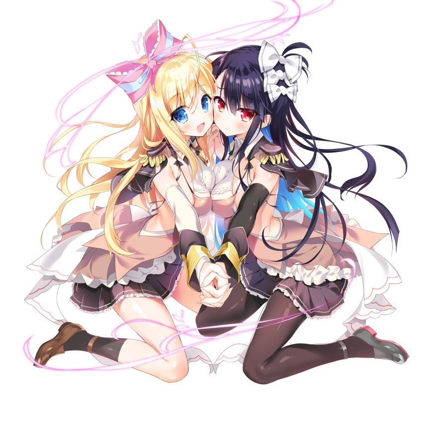 2girls :d bangs black_hair black_legwear black_skirt blonde_hair blue_eyes blush bow breast_press breasts brown_footwear closed_mouth commentary_request detached_sleeves epaulettes eyebrows_visible_through_hair fingernails grey_footwear hair_between_eyes hair_bow hand_holding hands_up highres interlocked_fingers kneehighs loafers long_hair long_sleeves looking_at_viewer looking_to_the_side medium_breasts multiple_girls open_mouth original outstretched_arm pantyhose pink_bow pink_footwear pleated_skirt red_eyes school_uniform shirt shoes skirt sleeveless sleeveless_shirt smile symmetrical_docking very_long_hair white_bow youta