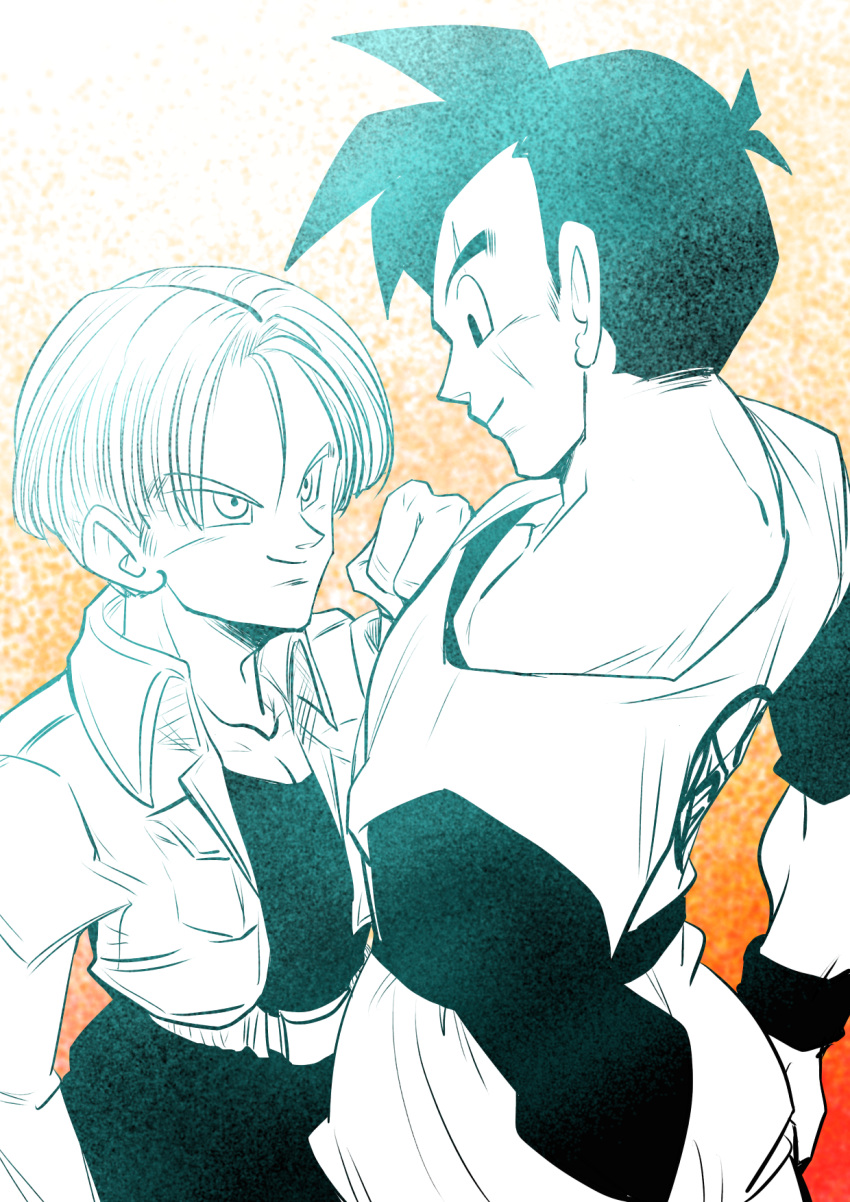 2boys amputee belt black_eyes black_hair black_shirt clenched_hand clothes_writing dougi dragon_ball dragonball_z eyebrows_visible_through_hair facing_away gradient gradient_background hands_on_another's_chest happy height_difference highres jacket looking_at_another looking_down male_focus multiple_boys orange_background profile scar shirt short_hair simple_background smile son_gohan tetsuyo trunks_(dragon_ball) upper_body white_background wristband