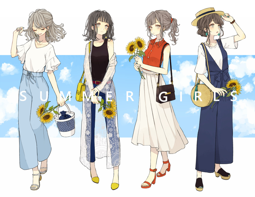 4girls adjusting_clothes adjusting_hat akakura ankle_strap aqua_nails bag bangs beige_hat belt black_hair black_tank_top blue_nails blue_pants brown_hair bucket clouds cloudy_sky collarbone collared_shirt denim earrings english flower frown full_body grey_eyes grey_hair grey_nails hair_bun hair_tie half_updo hand_in_hair hat high_heels highres holding holding_bucket holding_flower jacket jeans jewelry long_skirt looking_down medium_hair multiple_girls nail_polish off_shoulder open_mouth open_toe_shoes original pants platform_footwear pleated_skirt ponytail red_footwear red_nails red_shirt romper sandals shirt short_sleeves shoulder_bag sidelocks skirt sky sleeveless sleeveless_shirt smile standing summer sunflower tank_top tassel toenail_polish watch watch white_shirt white_skirt yellow_footwear yellow_nails