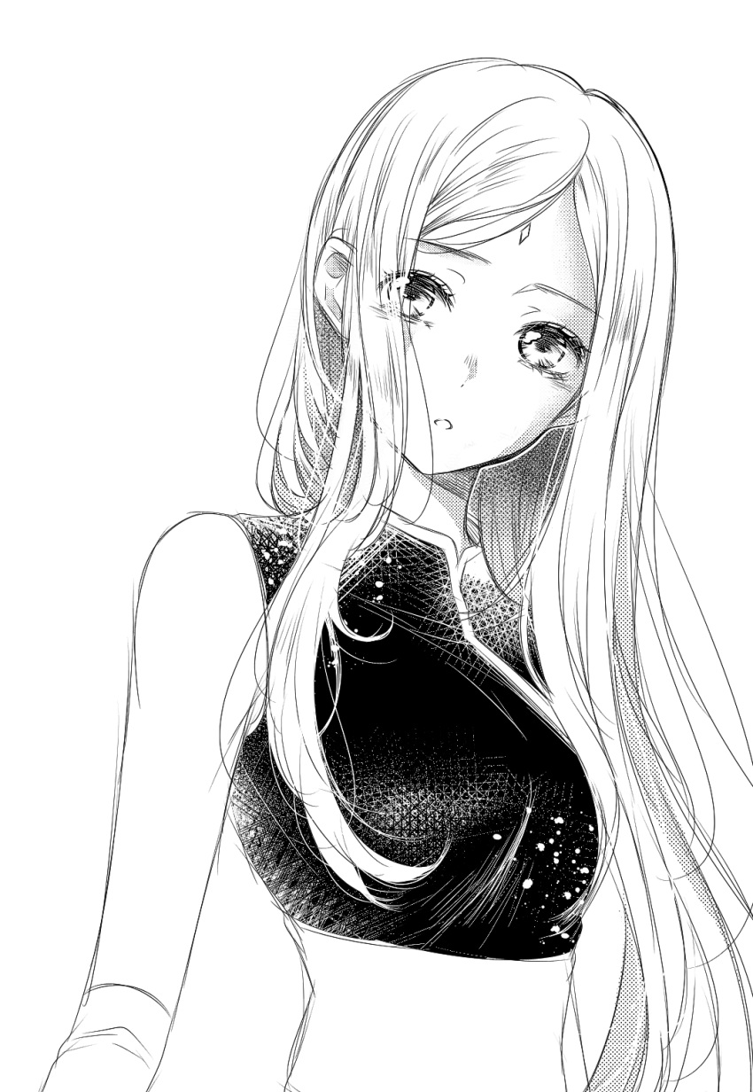 1girl crop_top facial_mark floating_hair greyscale haruno_sakura head_tilt highres long_hair looking_at_viewer midriff monochrome naruto naruto_(series) parted_lips simple_background sketch sleeveless solo stomach upper_body very_long_hair white_background
