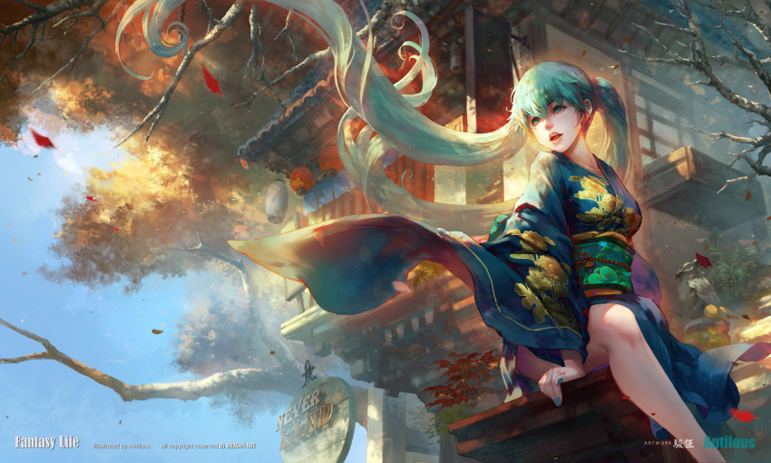 1girl :o antilous aqua_eyes aqua_hair architecture autumn_leaves blue_nails blue_sky day east_asian_architecture floral_print hatsune_miku highres japanese_clothes kimono lantern leaf long_hair looking_at_viewer nail_polish open_mouth outdoors paper_lantern sitting sky solo statue twintails very_long_hair vocaloid watermark